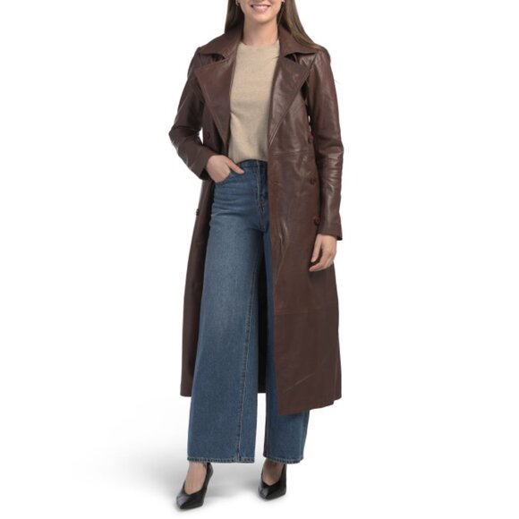 BOD & CHRISTENSEN Cognac Leather Trench Coat - Picture 1 of 2